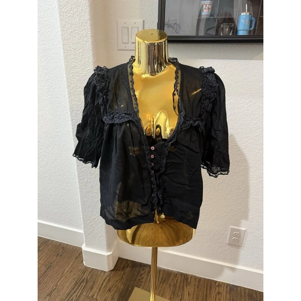 Free People Luna Top Black Sheer Cotton Ruffle Trim Boho Peasant Blouse